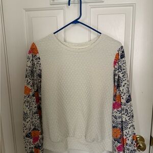 Floral Sleeve Crew Neck Sweater - Cream